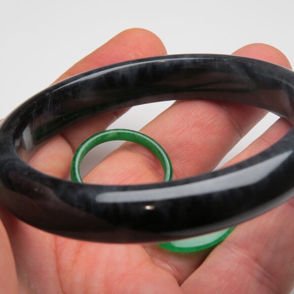 "Extra Large Black Jade Bangle + Jade Ring & Donut 65mm" - Picture 2 of 3